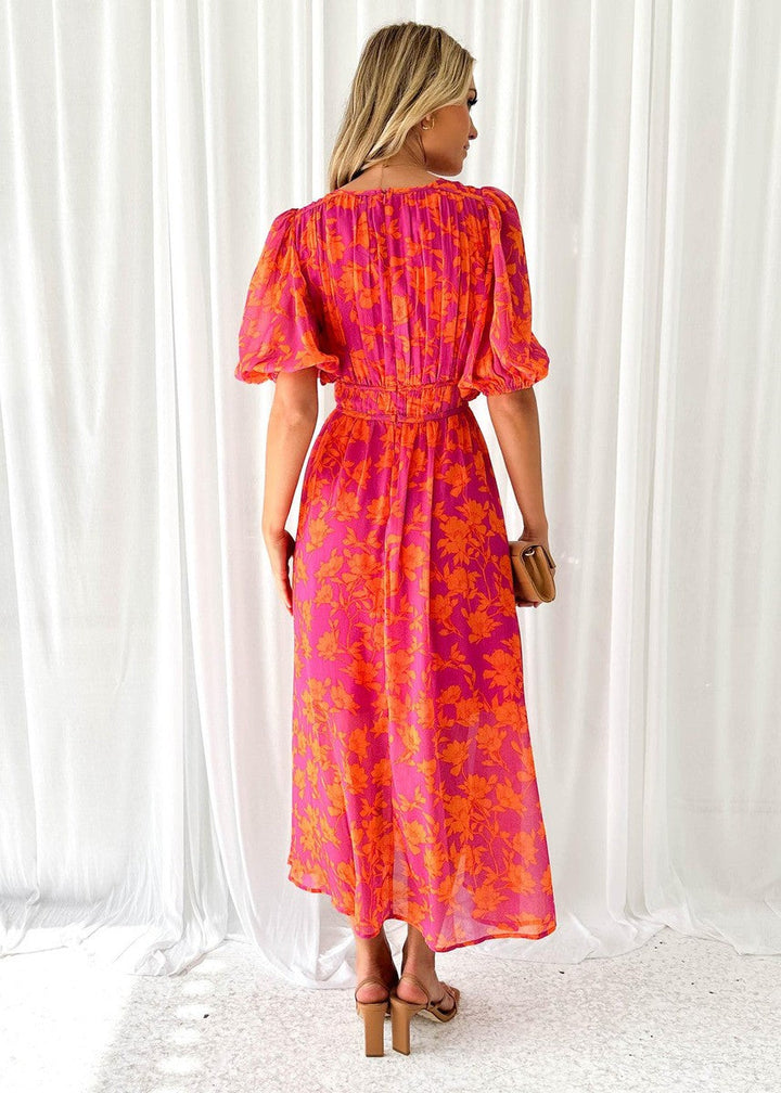 Asun | Midi Floral Dress with Puff Sleeves for Women