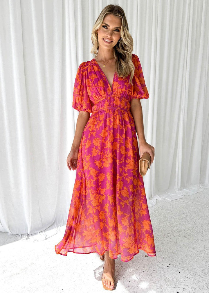 Asun | Midi Floral Dress with Puff Sleeves for Women