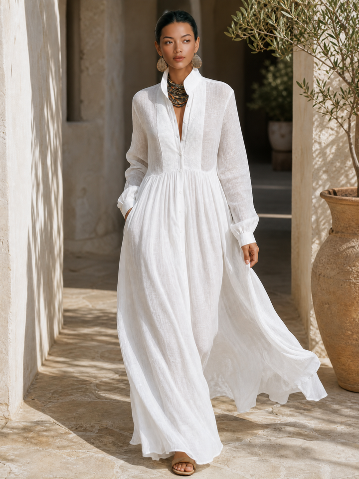 Sarah - Minimalist Cotton And Linen Patchwork Single-breasted Stand-up Collar Long-sleeved Maxi Dress
