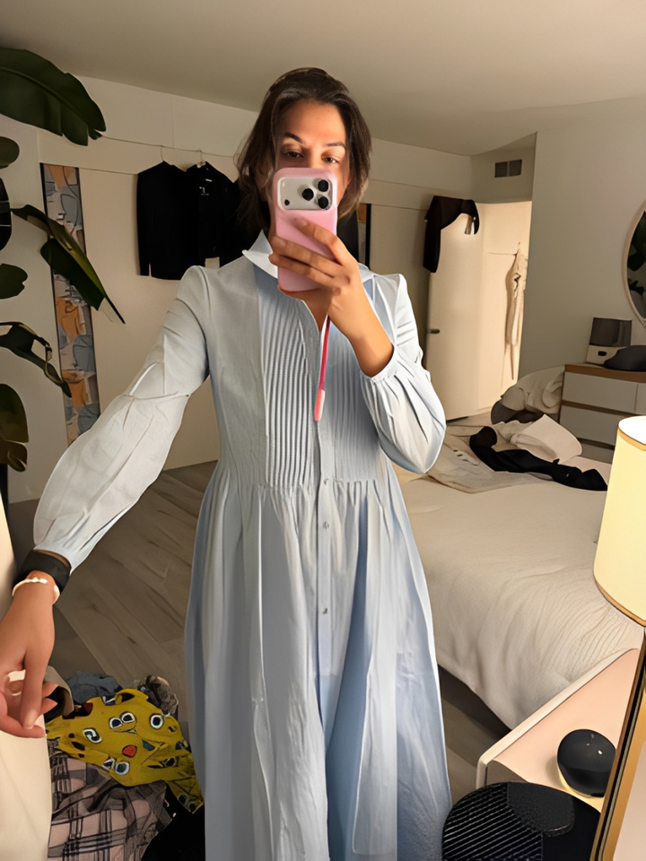 Kinsley - Minimalist Cotton And Linen Patchwork Single-breasted Stand-up Collar Long-sleeved Maxi Dress
