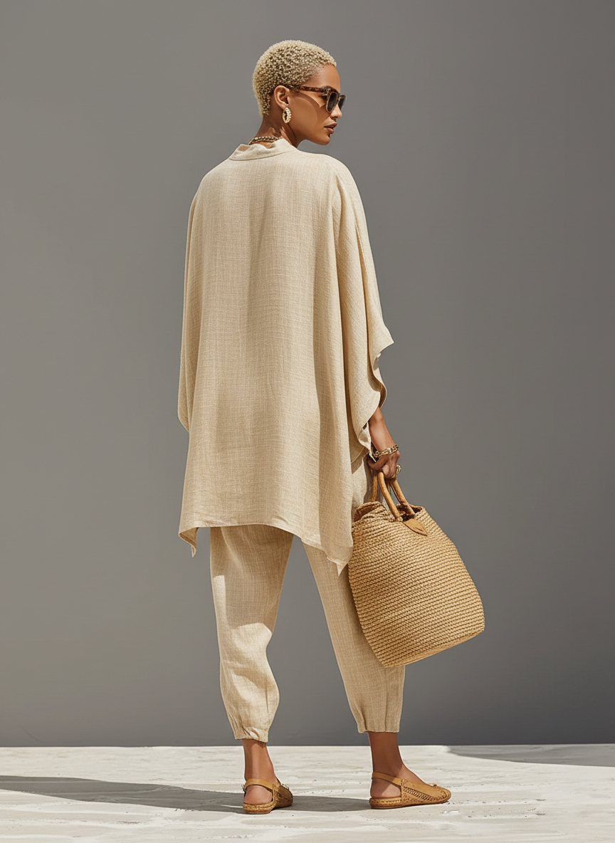 Neutral Linen Women's Set with Asymmetrical Hem and Minimalist Design, Sophisticated Daily-Casual Style Set