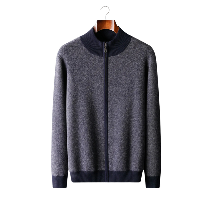 100% CASHMERE JACQUARD ZIP CARDIGAN.