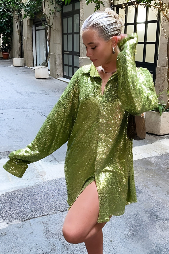Women's Dazzling Shimmer Button-Front Mini Dress