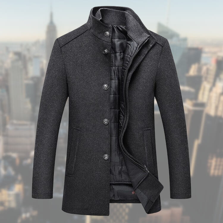 Men's Winter Coat in Wool Blend with Removable Vest – Mid-Length Overcoat