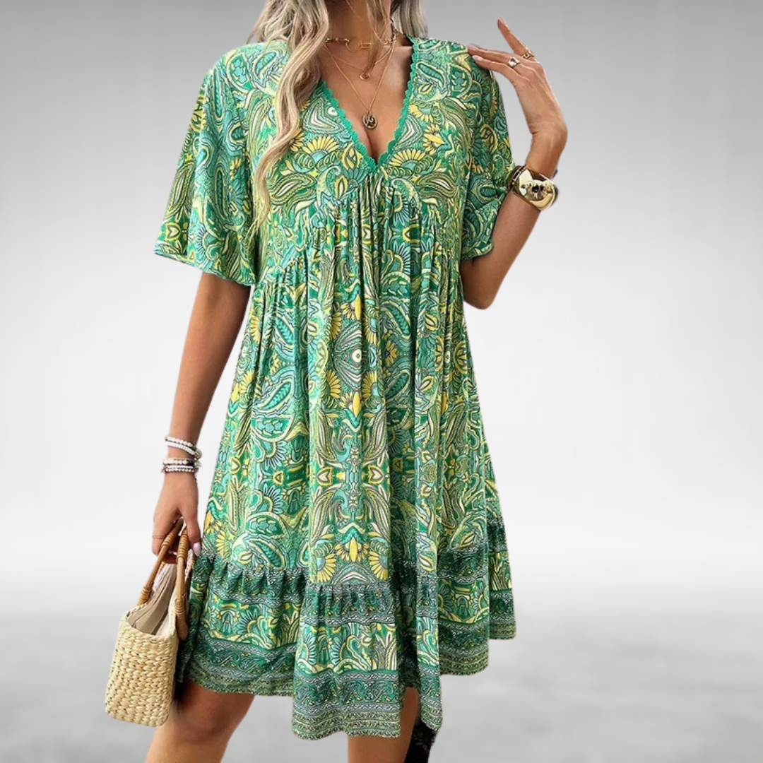 Short Boho-style dress with V-neck and ethnic pattern