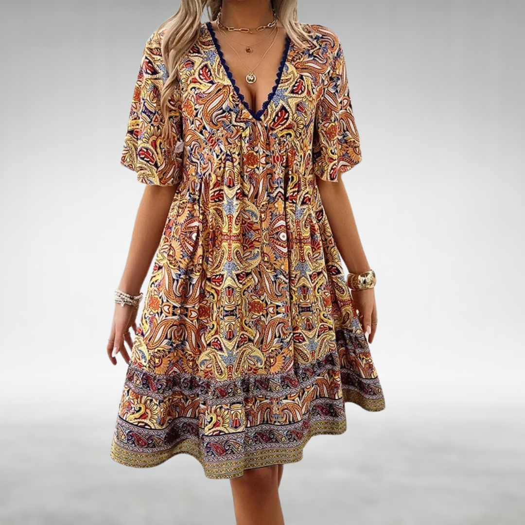 Short Boho-style dress with V-neck and ethnic pattern