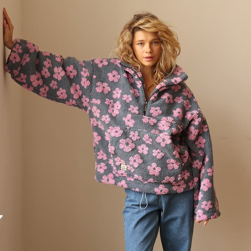 Women's Floral Quarter Zip Sweater - Cozy & Stylish Pullover