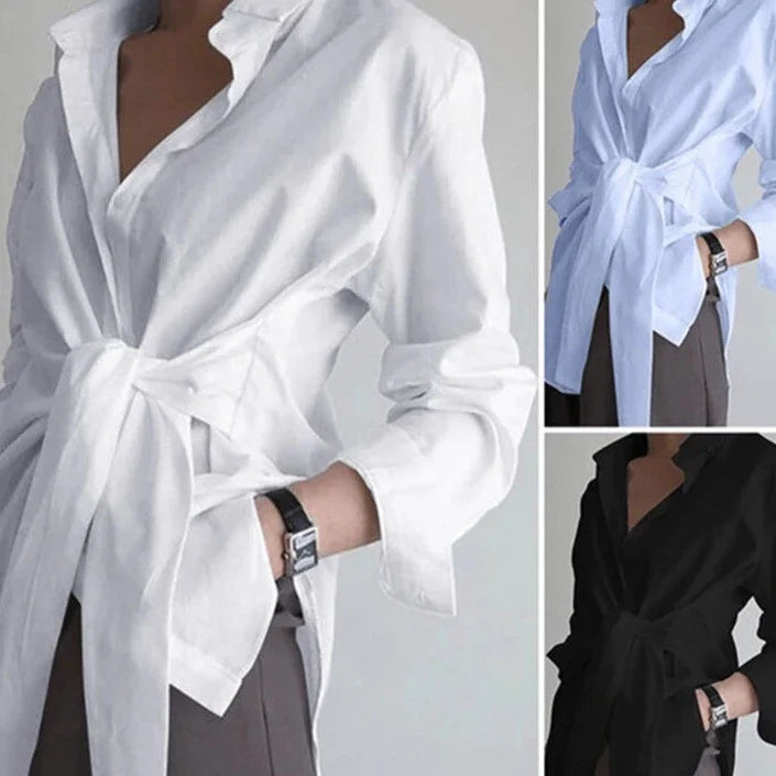 Sophisticated and Elegant Women's Long Sleeve Blouse – Tie Waist Top