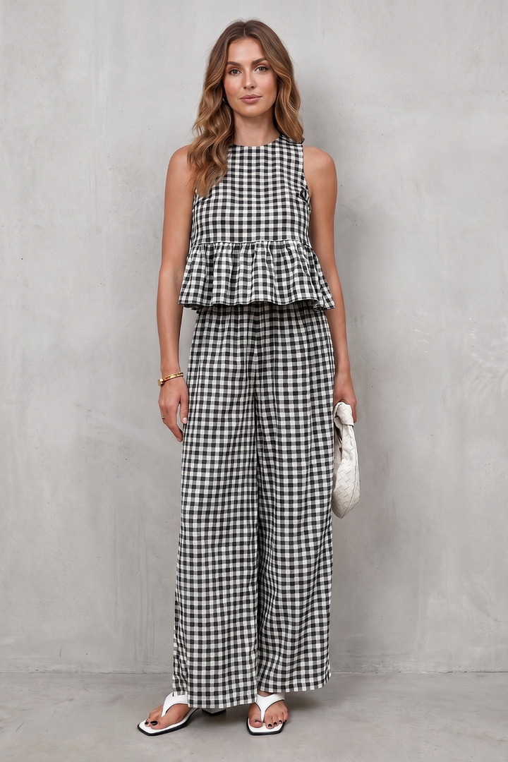 Women's Gingham Peplum Top and Trouser Co-ord Set Adrienna, view 6 - Elena Harper