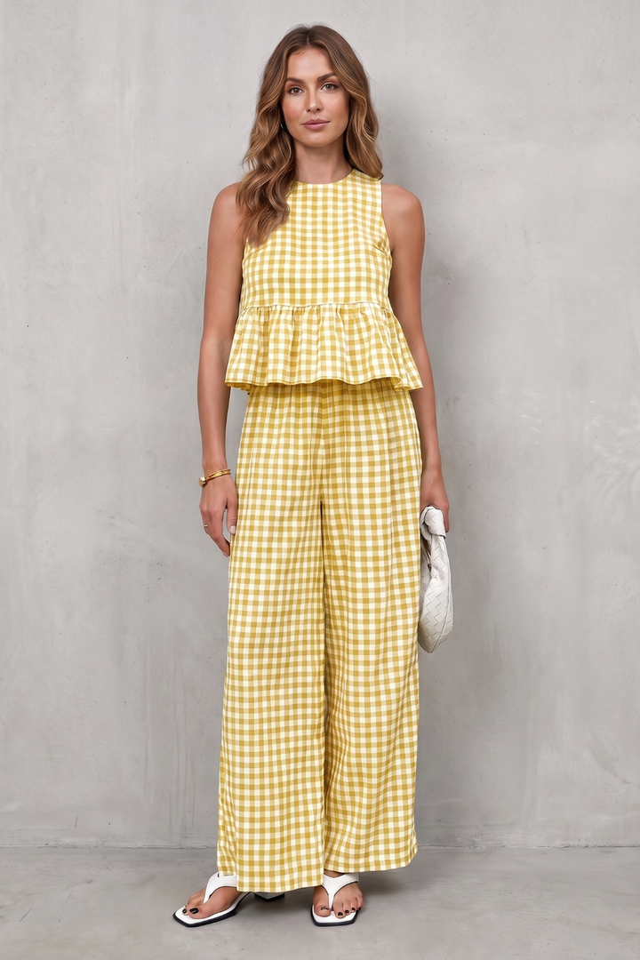 Women's Gingham Peplum Top and Trouser Co-ord Set Adrienna - Elena Harper