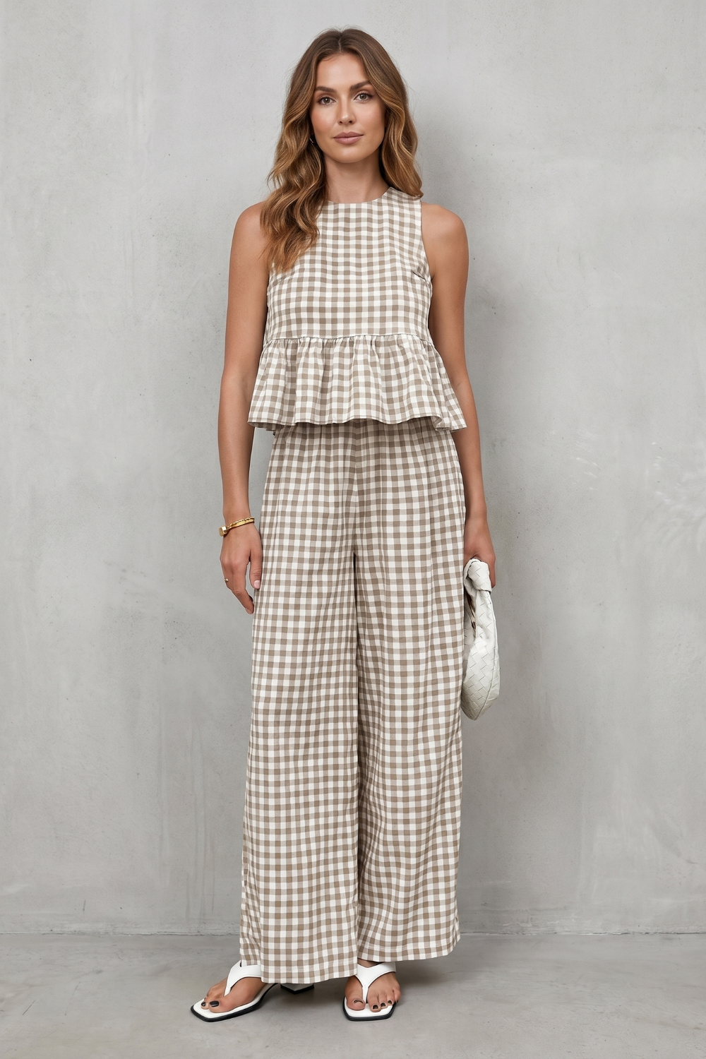 Women's Gingham Peplum Top and Trouser Co-ord Set Adrienna, view 2 - Elena Harper