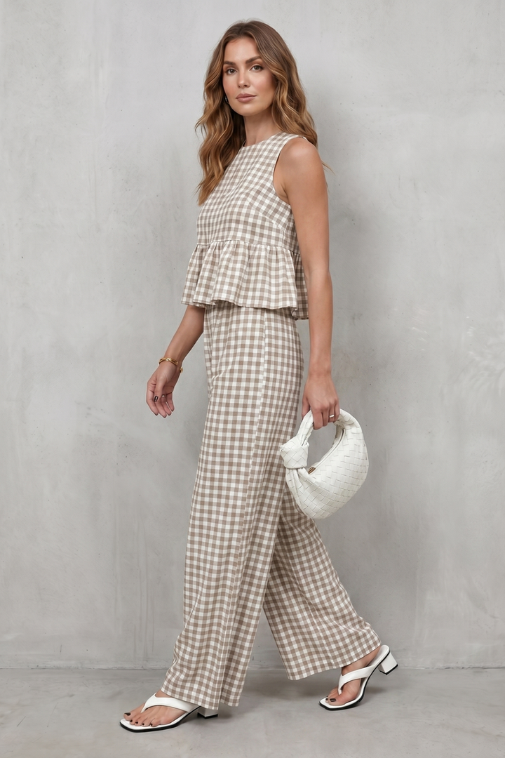 Women's Gingham Peplum Top and Trouser Co-ord Set Adrienna, view 3 - Elena Harper