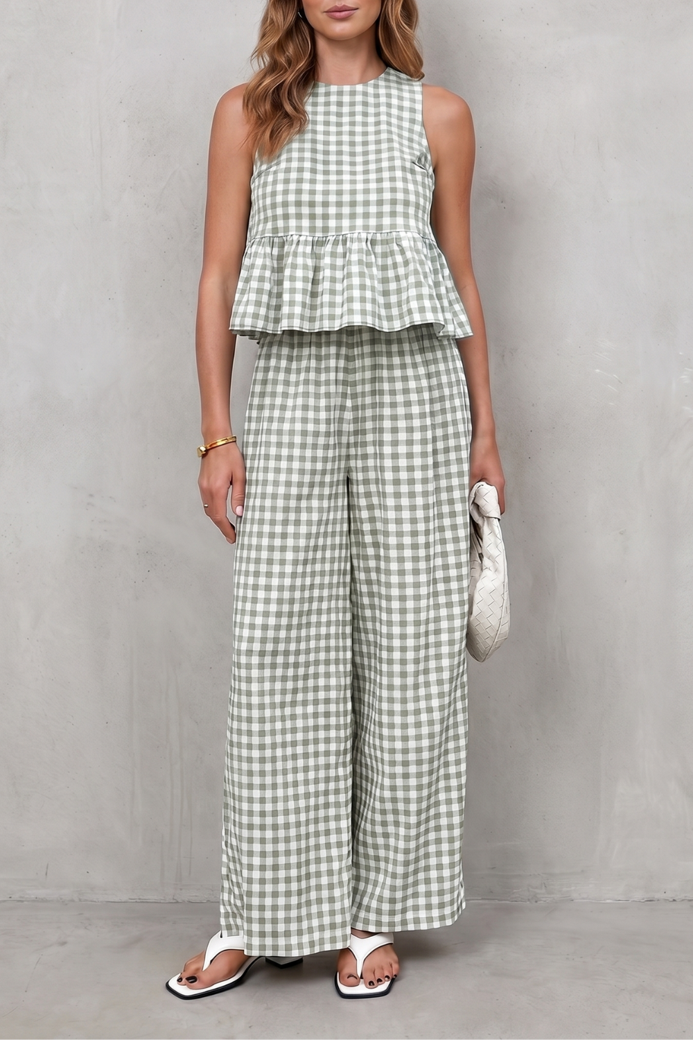 Women's Gingham Peplum Top and Trouser Co-ord Set Adrienna, view 9 - Elena Harper