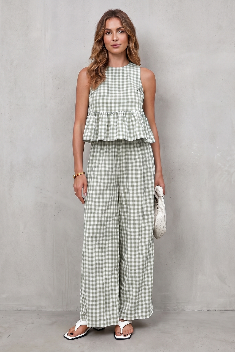 Women's Gingham Peplum Top and Trouser Co-ord Set Adrienna, view 10 - Elena Harper