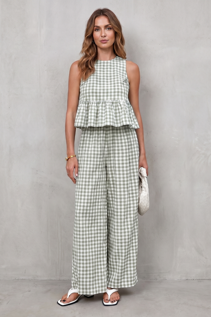 Women's Gingham Peplum Top and Trouser Co-ord Set Adrienna, view 10 - Elena Harper