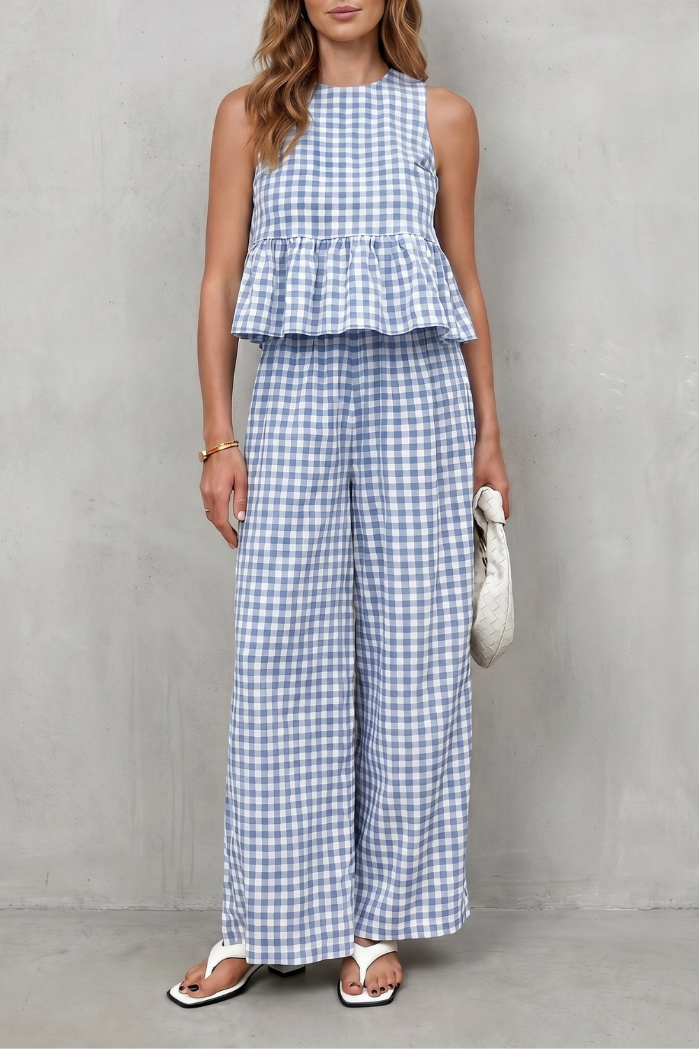 Women's Gingham Peplum Top and Trouser Co-ord Set Adrienna, view 7 - Elena Harper