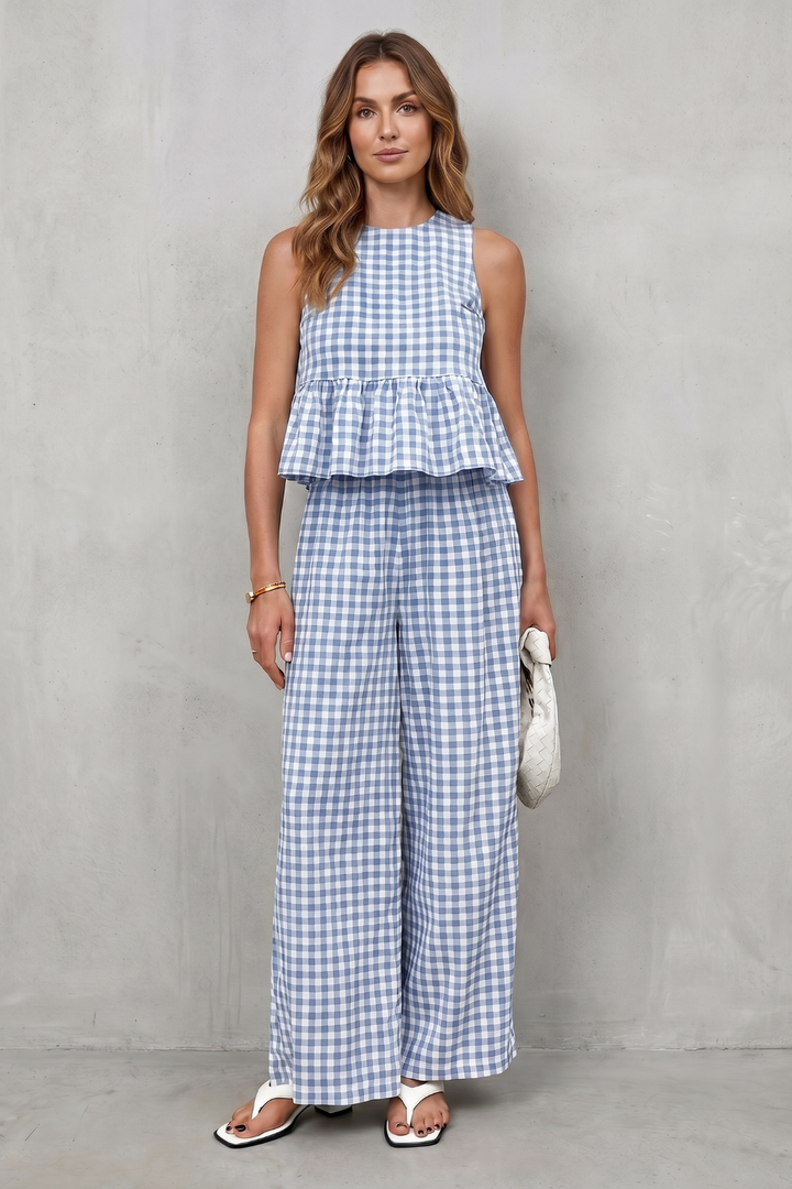Women's Gingham Peplum Top and Trouser Co-ord Set Adrienna, view 8 - Elena Harper