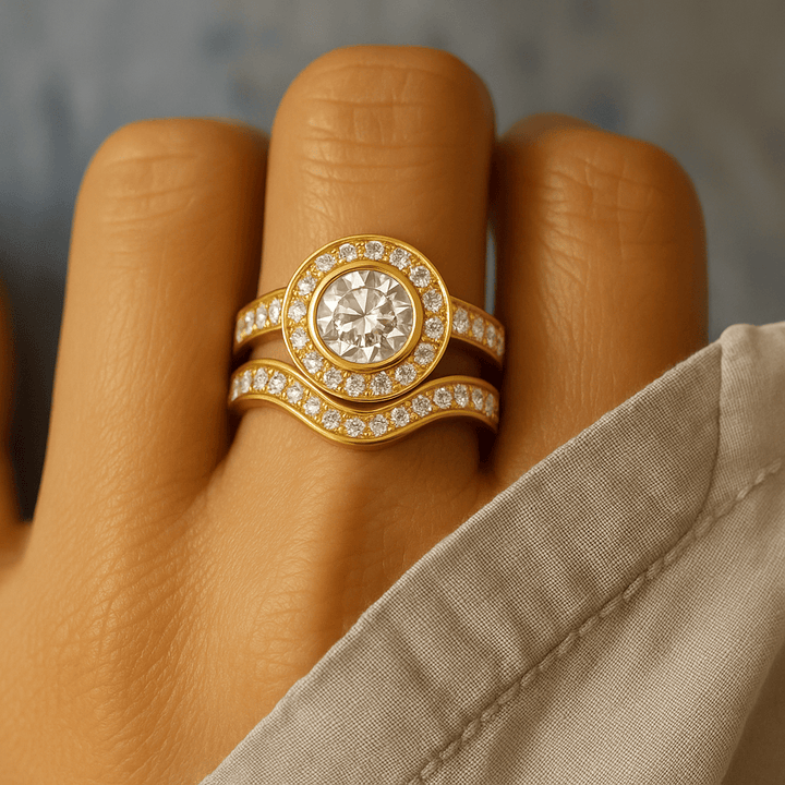 Klarisse™ Timeless Gold Ring Set by Emma & Rose Cape Town featuring elegant stacked gold rings on a white background.