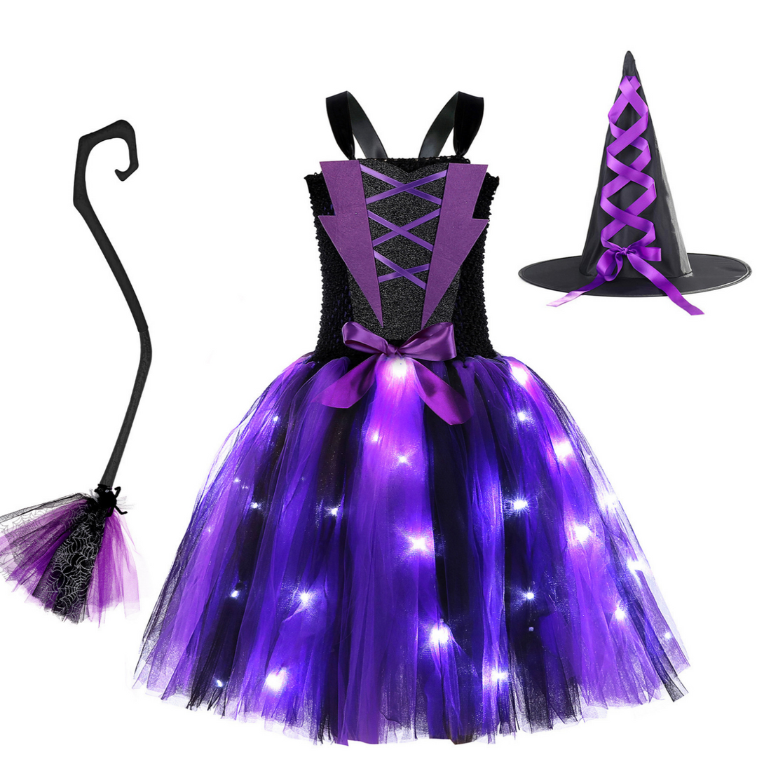 Kids Witch Costume with LED Light – Tutu Dress, Hat & Broom