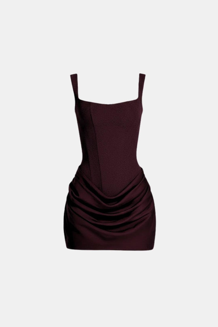 Boned Bodice Mini Dress Square Neck Cowl Skirt Lace Back Party