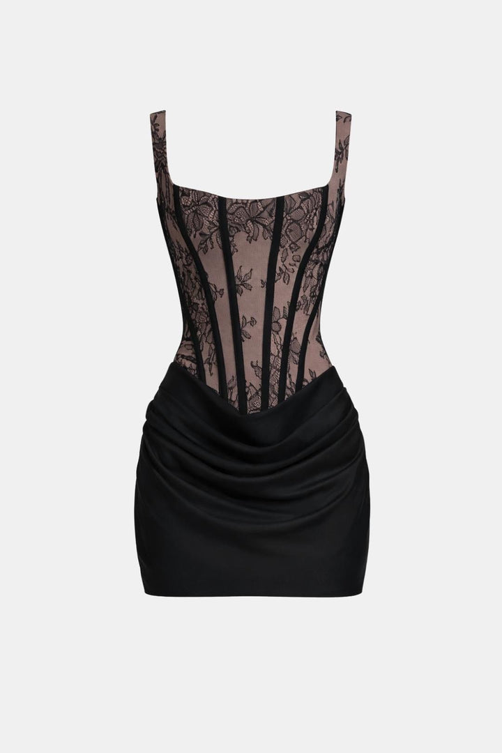 Boned Bodice Mini Dress Square Neck Cowl Skirt Lace Back Party