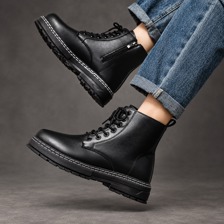 Men's Lace-Up Combat Ankle Boots – Side Zip Chunky Sole Casual Shoes