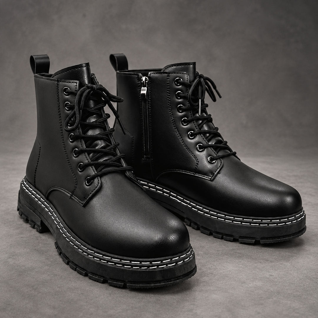 Men's Lace-Up Combat Ankle Boots – Side Zip Chunky Sole Casual Shoes
