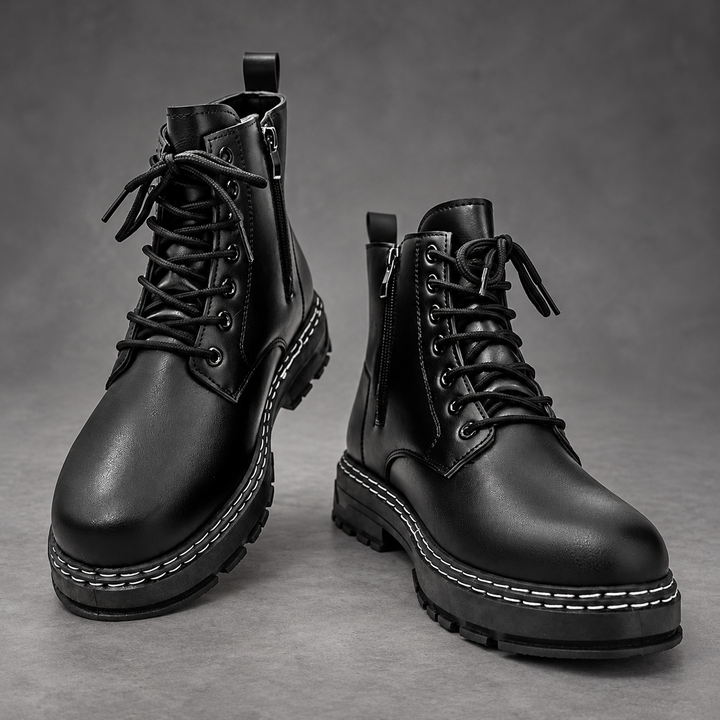 Men's Lace-Up Combat Ankle Boots – Side Zip Chunky Sole Casual Shoes