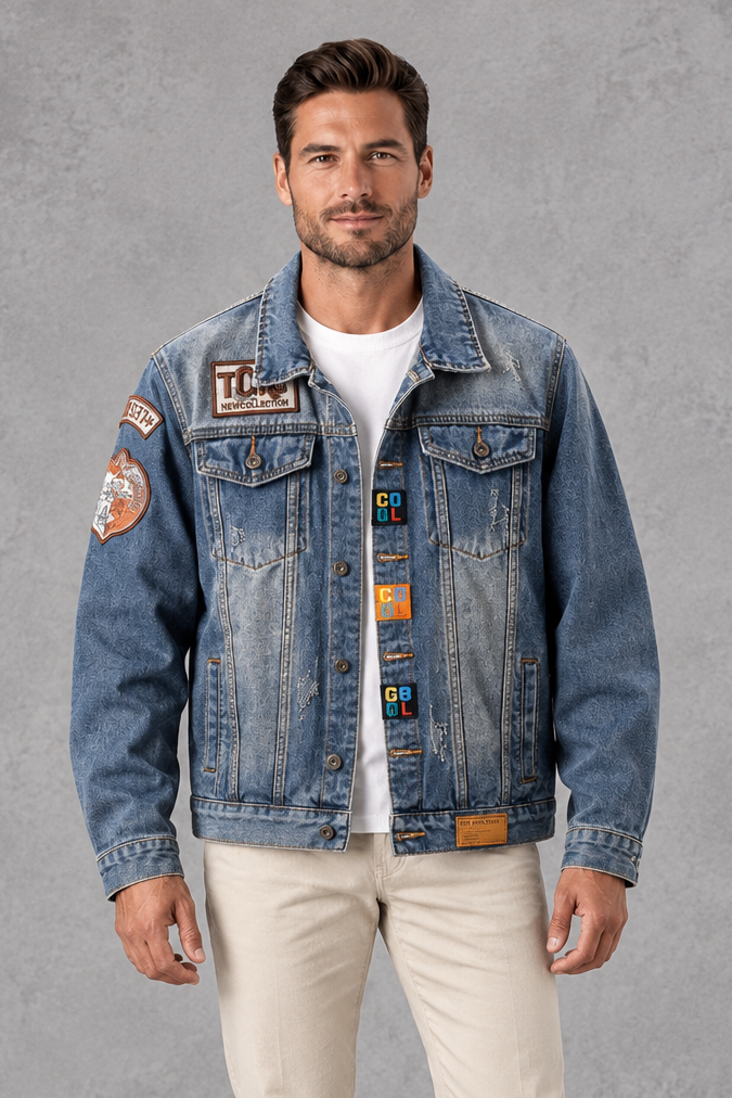 Men's Patch Denim Jacket – Classic Trucker Style & Distressed Back