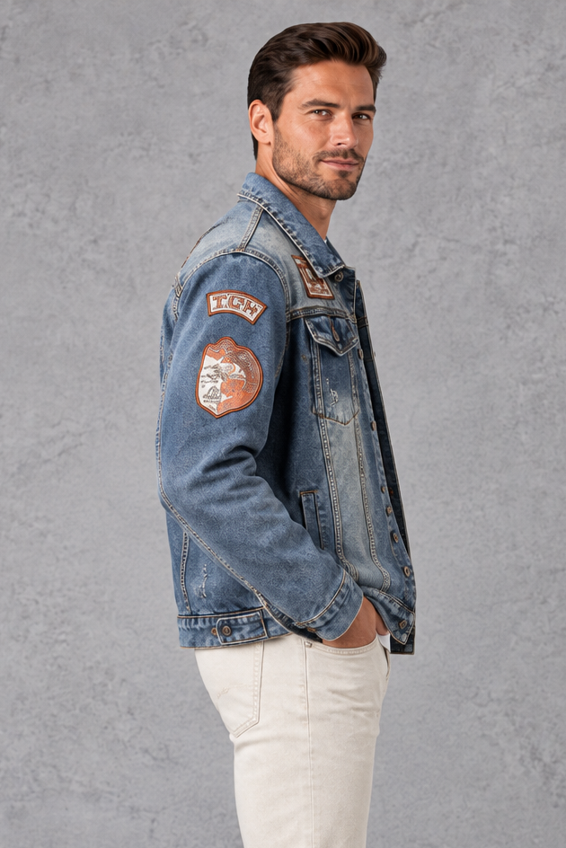 Men's Patch Denim Jacket – Classic Trucker Style & Distressed Back