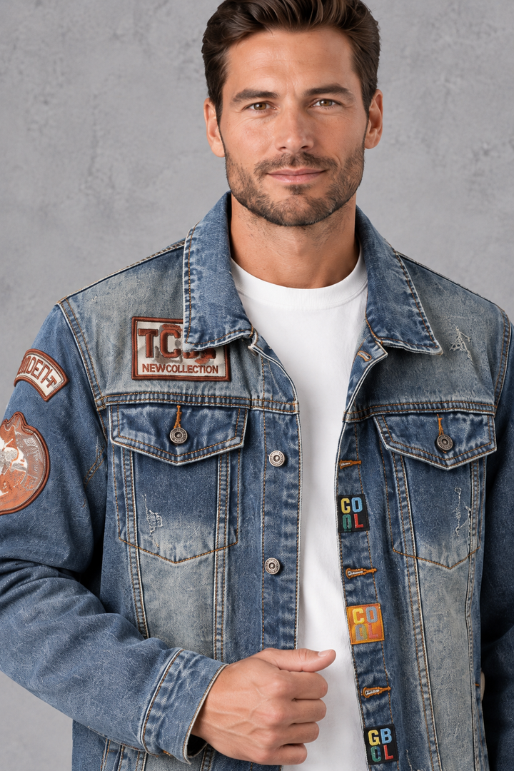 Men's Patch Denim Jacket – Classic Trucker Style & Distressed Back