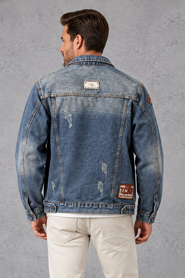 Men's Patch Denim Jacket – Classic Trucker Style & Distressed Back
