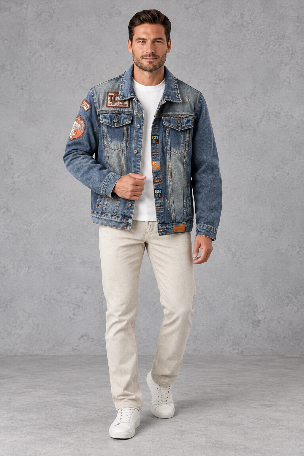 Men's Patch Denim Jacket – Classic Trucker Style & Distressed Back