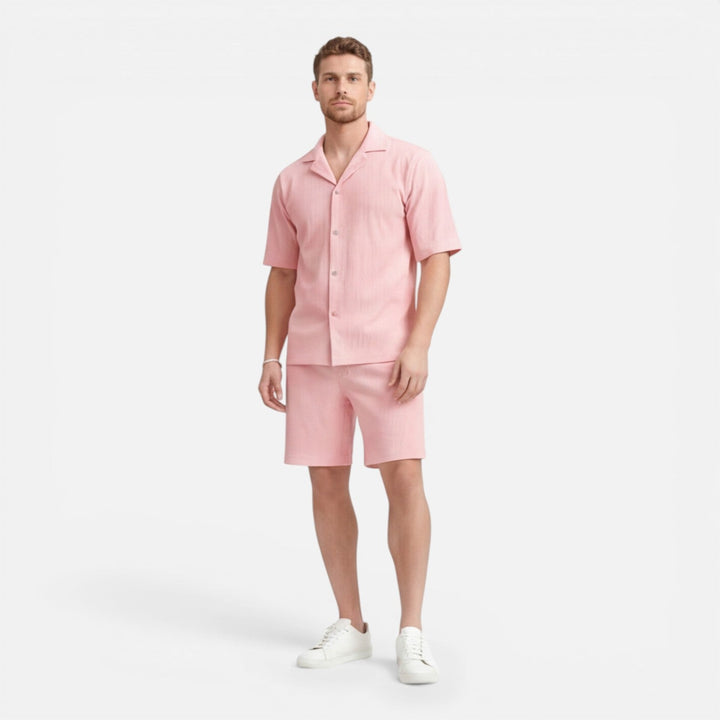 Coordinated Montarello Set for Men, Textured Cuban Collar Shirt and Shorts
