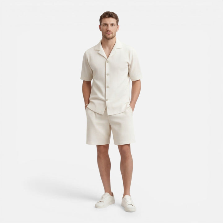 Coordinated Montarello Set for Men, Textured Cuban Collar Shirt and Shorts