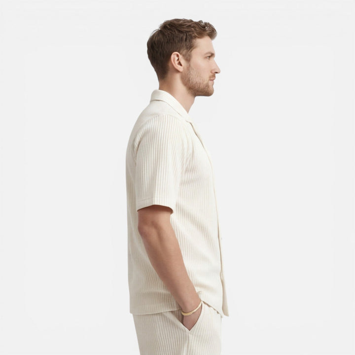 Coordinated Montarello Set for Men, Textured Cuban Collar Shirt and Shorts