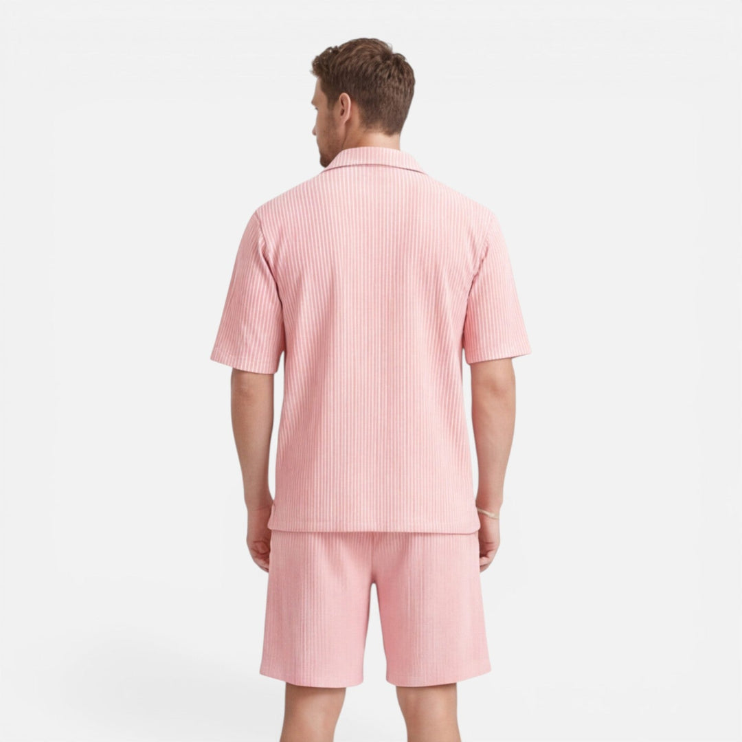 Coordinated Montarello Set for Men, Textured Cuban Collar Shirt and Shorts