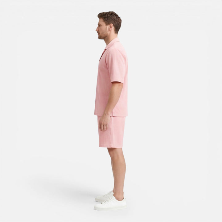 Coordinated Montarello Set for Men, Textured Cuban Collar Shirt and Shorts