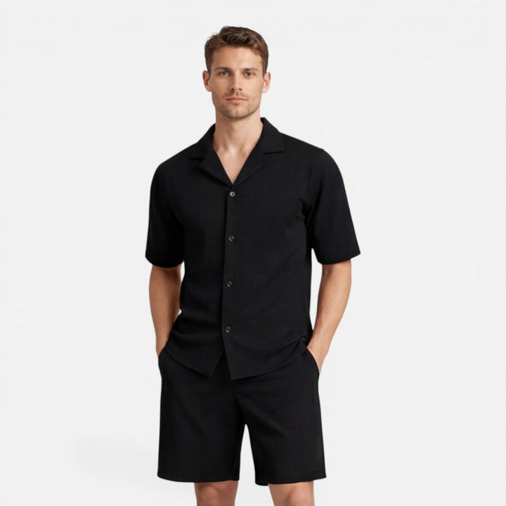 Coordinated Montarello Set for Men, Textured Cuban Collar Shirt and Shorts