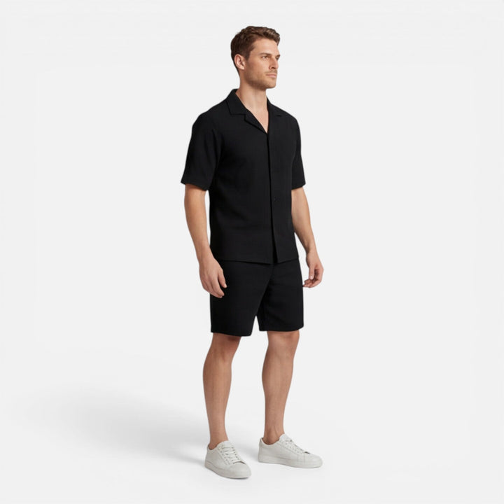 Coordinated Montarello Set for Men, Textured Cuban Collar Shirt and Shorts