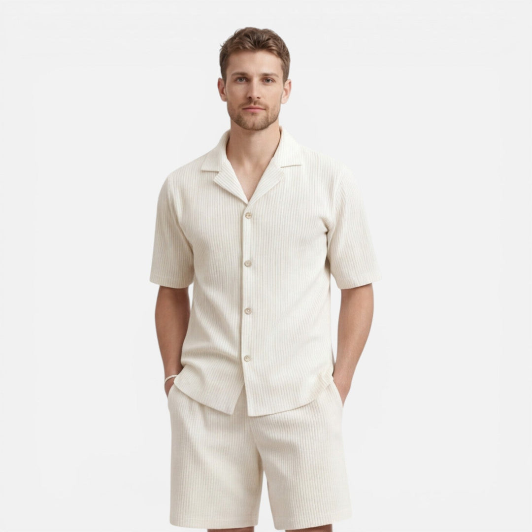 Coordinated Montarello Set for Men, Textured Cuban Collar Shirt and Shorts