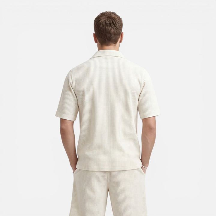 Coordinated Montarello Set for Men, Textured Cuban Collar Shirt and Shorts