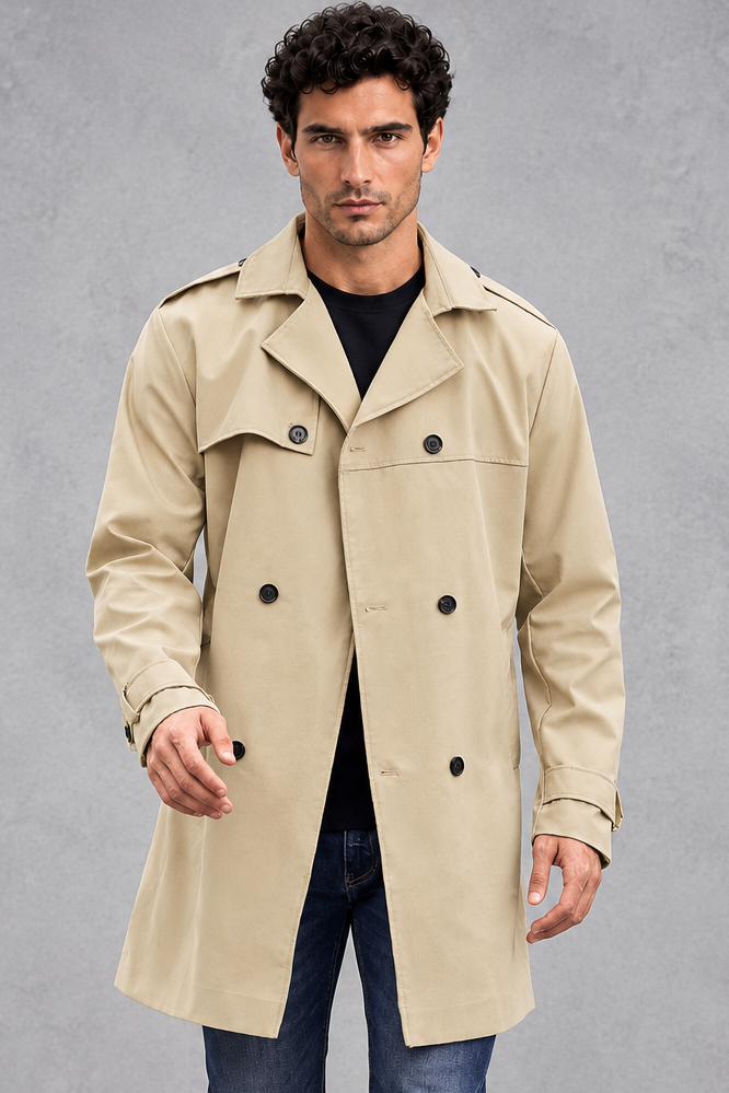 Men's Double-Breasted Trench Coat – Structured Tailoring & Classic Buckle Detail