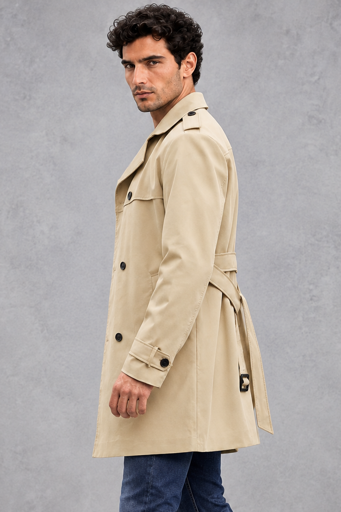 Men's Double-Breasted Trench Coat – Structured Tailoring & Classic Buckle Detail