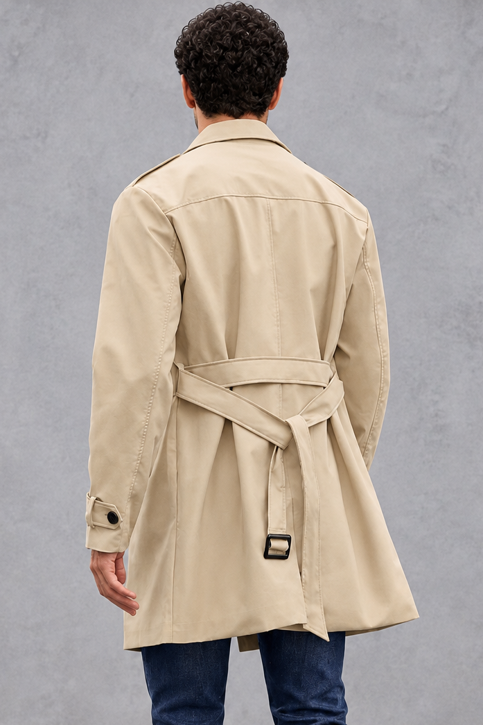 Men's Double-Breasted Trench Coat – Structured Tailoring & Classic Buckle Detail
