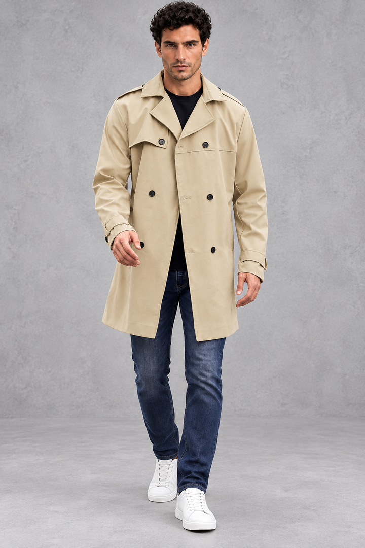 Men's Double-Breasted Trench Coat – Structured Tailoring & Classic Buckle Detail