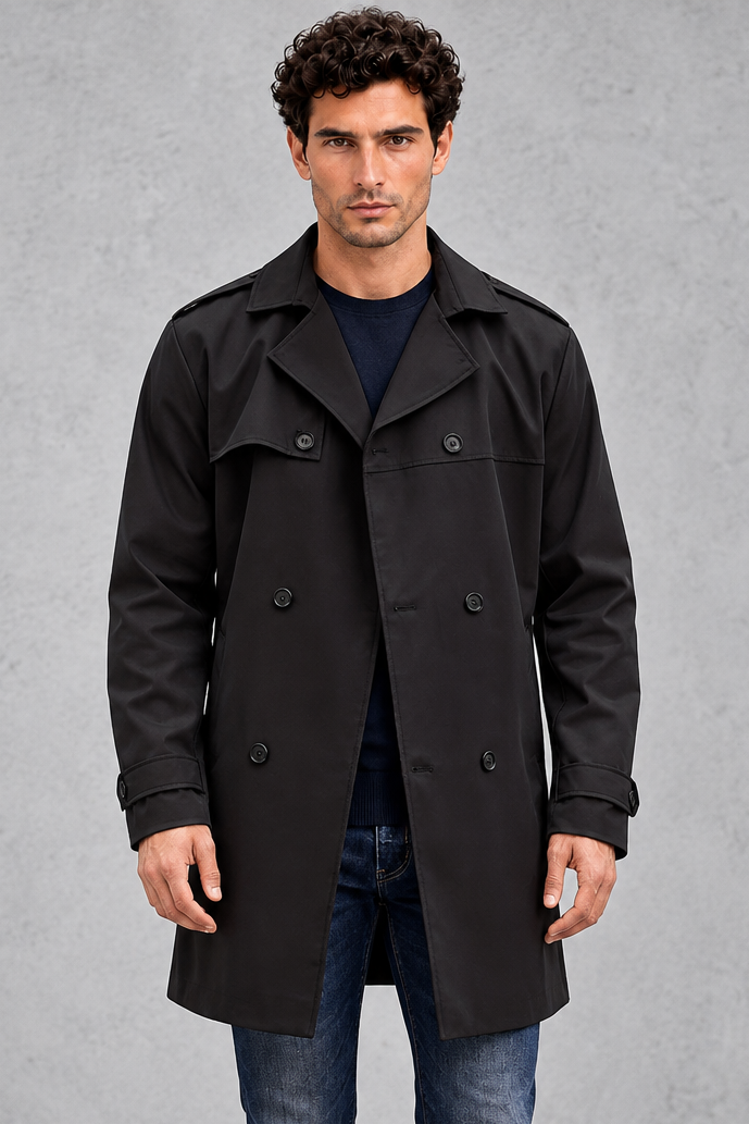 Men's Double-Breasted Trench Coat – Structured Tailoring & Classic Buckle Detail