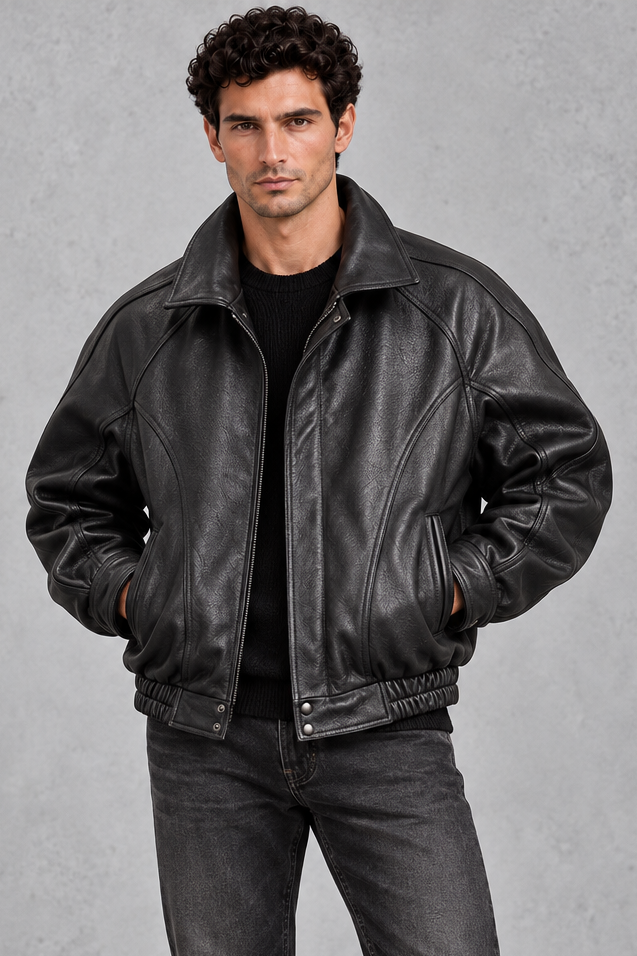 Men's Leather-Look Bomber Jacket – Panelled Design & Elasticated Hem