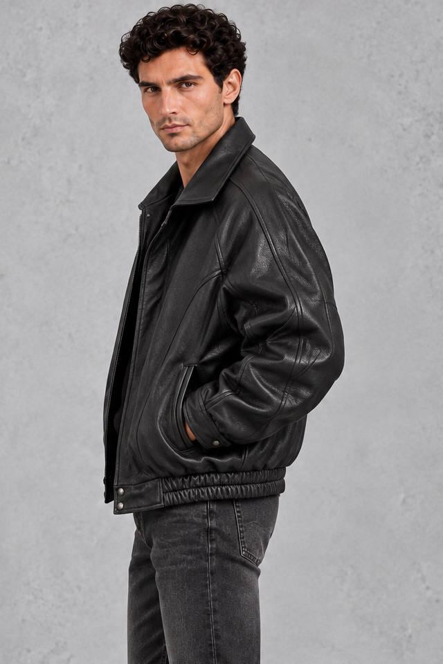 Men's Leather-Look Bomber Jacket – Panelled Design & Elasticated Hem