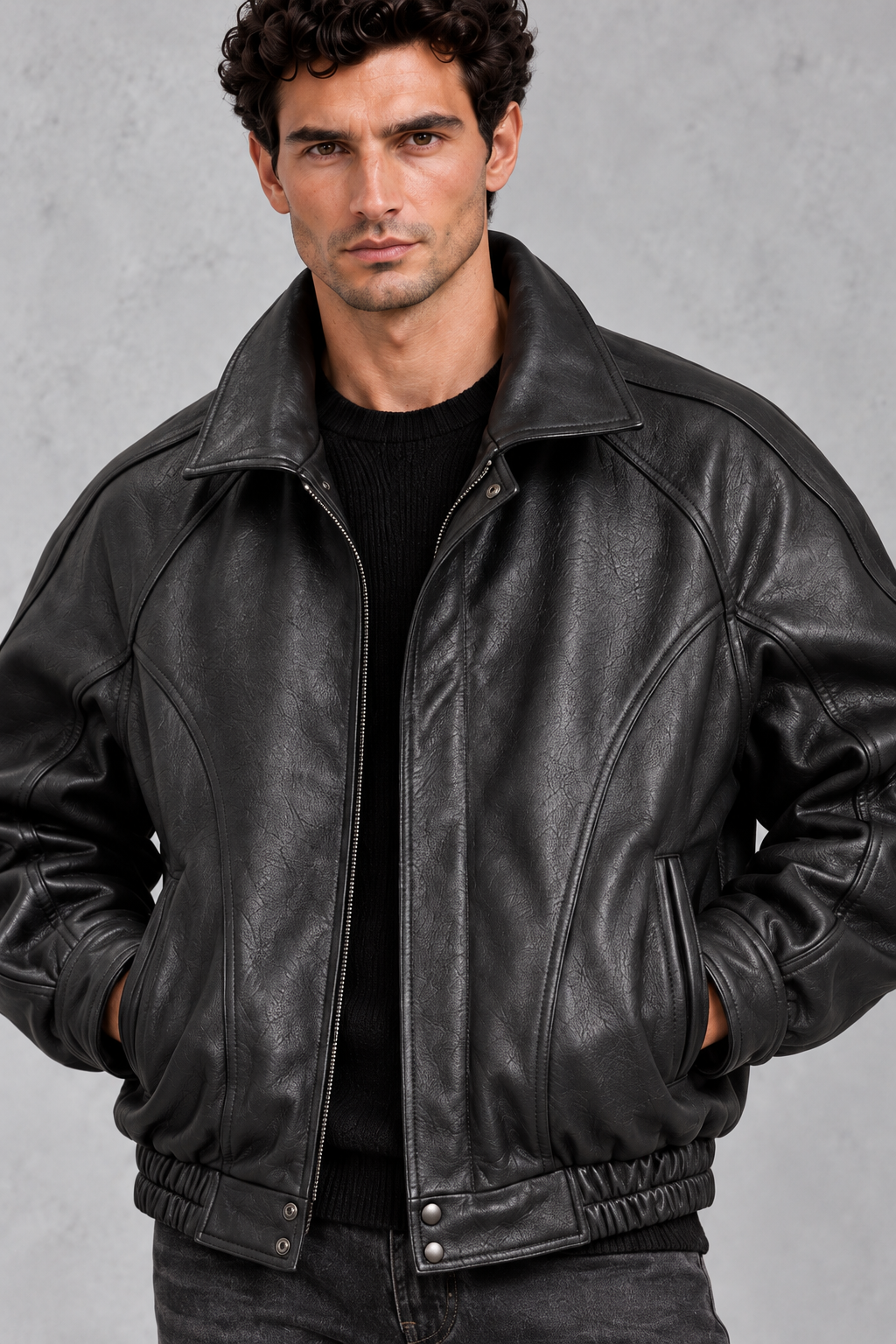 Men's Leather-Look Bomber Jacket – Panelled Design & Elasticated Hem